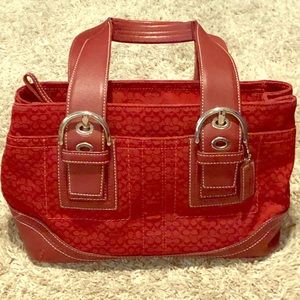 Red jacquard and leather Coach purse bag